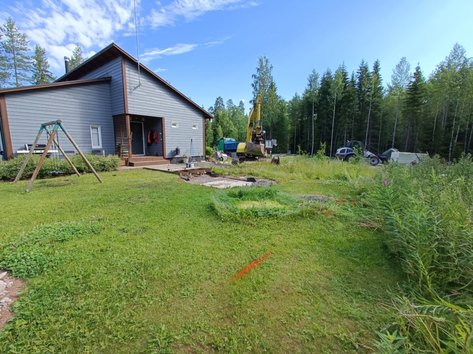 Pihakohde – talo, kaivinkone ja pyöräkuormaaja työmaalla